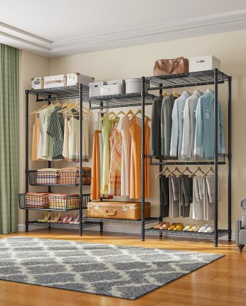 Wire Garment Rack 5 Tiers Clothes Rack with Hanging Rods, Wire Shelves & 2 Slid Storage Baskets
